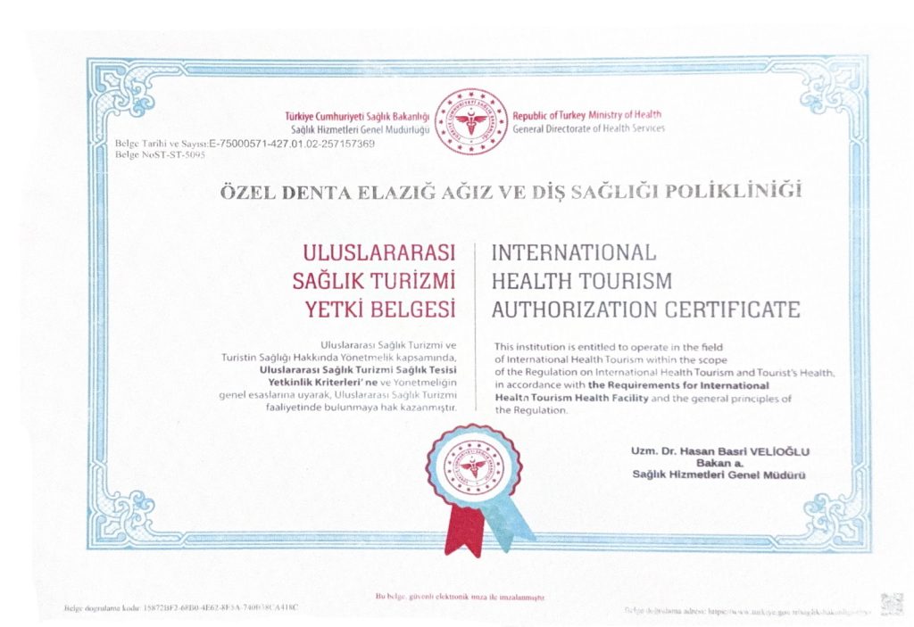 Denta Elazig Uluslararasi Saglik Turizmi Yetki belgesi
